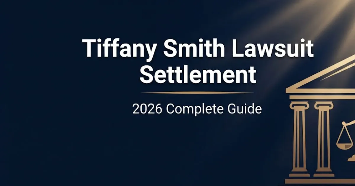 Tiffany Smith lawsuit settlement 2026 guide banner with courthouse silhouette and legal scales on navy background