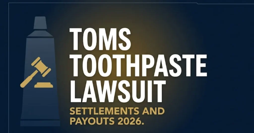 Toms toothpaste lawsuit 2026 hero banner showing legal gavel and toothpaste silhouette on navy background
