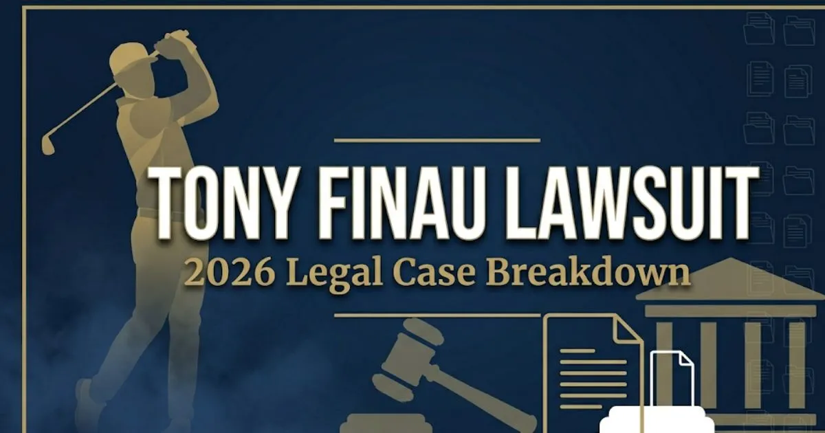 Tony Finau lawsuit 2026 legal case breakdown banner with gavel and golfer silhouette on navy background