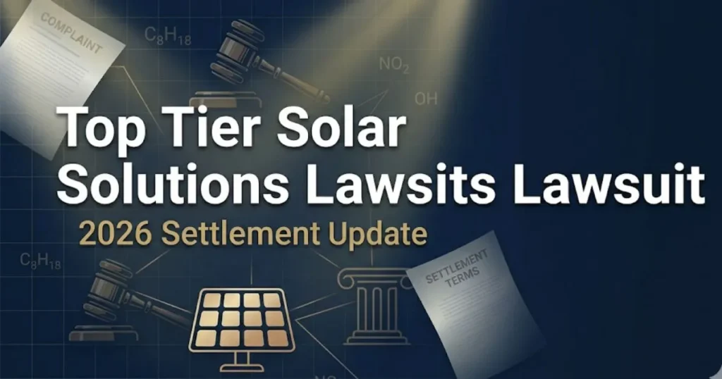 Top Tier Solar Solutions Lawsuit 2026 settlement banner with gavel and solar panel icons in navy and gold.