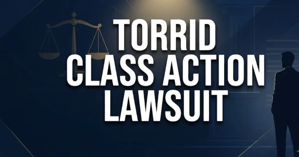 Torrid class action lawsuit 2026 blog banner with legal scales and navy background for eligible shoppers