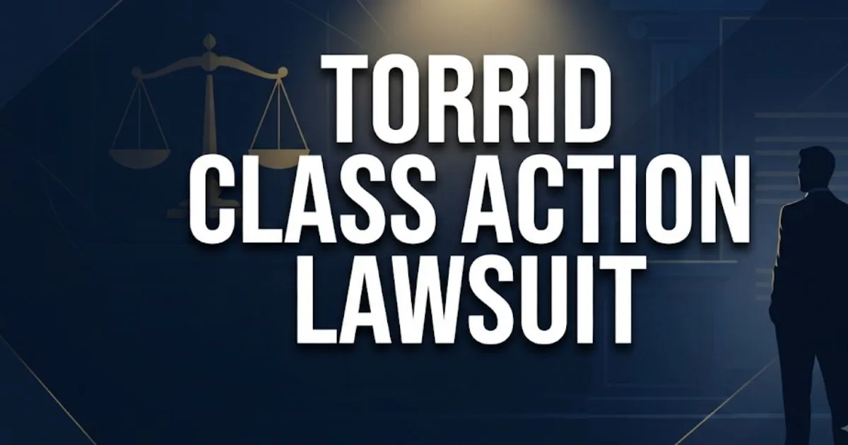 Torrid class action lawsuit 2026 blog banner with legal scales and navy background for eligible shoppers