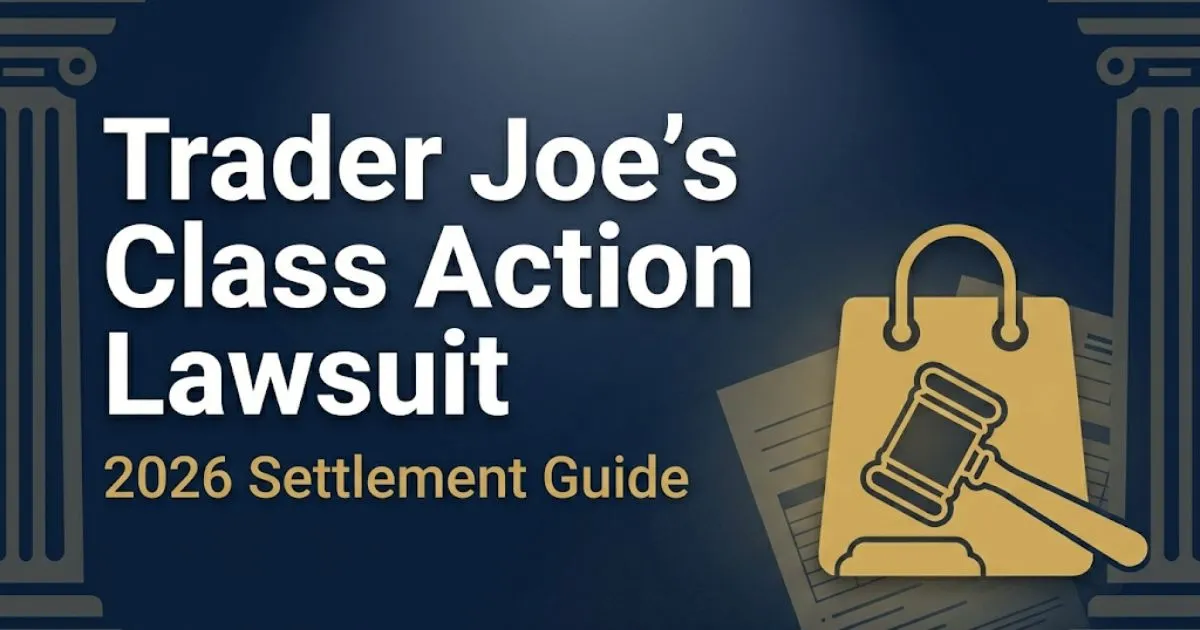 Trader Joe's class action lawsuit 2026 settlement guide blog banner with gavel and shopping bag icons