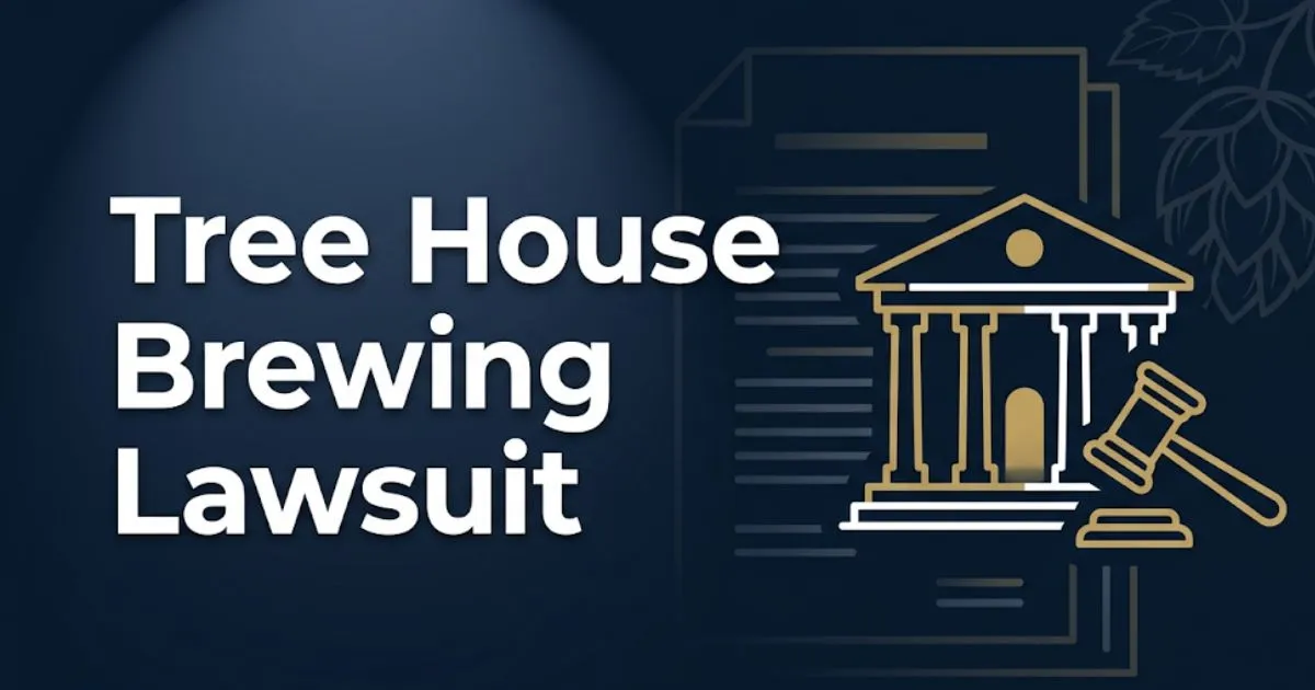 Tree House Brewing Lawsuit 2026 legal case breakdown banner with courthouse and gavel illustration on navy background
