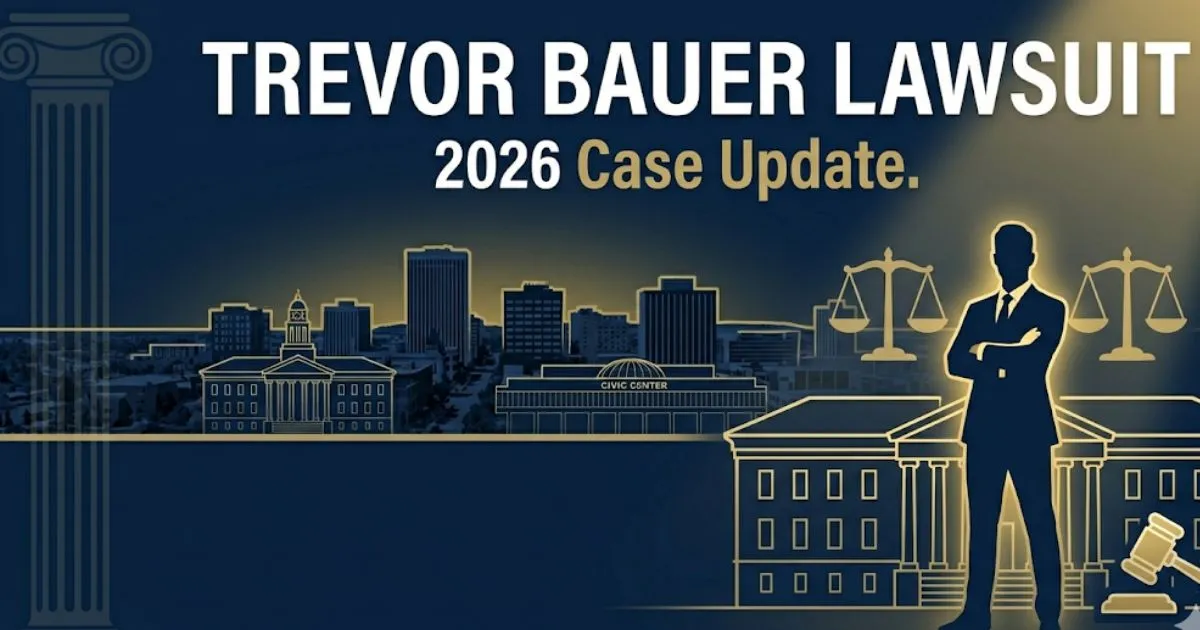 Trevor Bauer lawsuit 2026 legal case update banner with courthouse silhouette and scales of justice icons