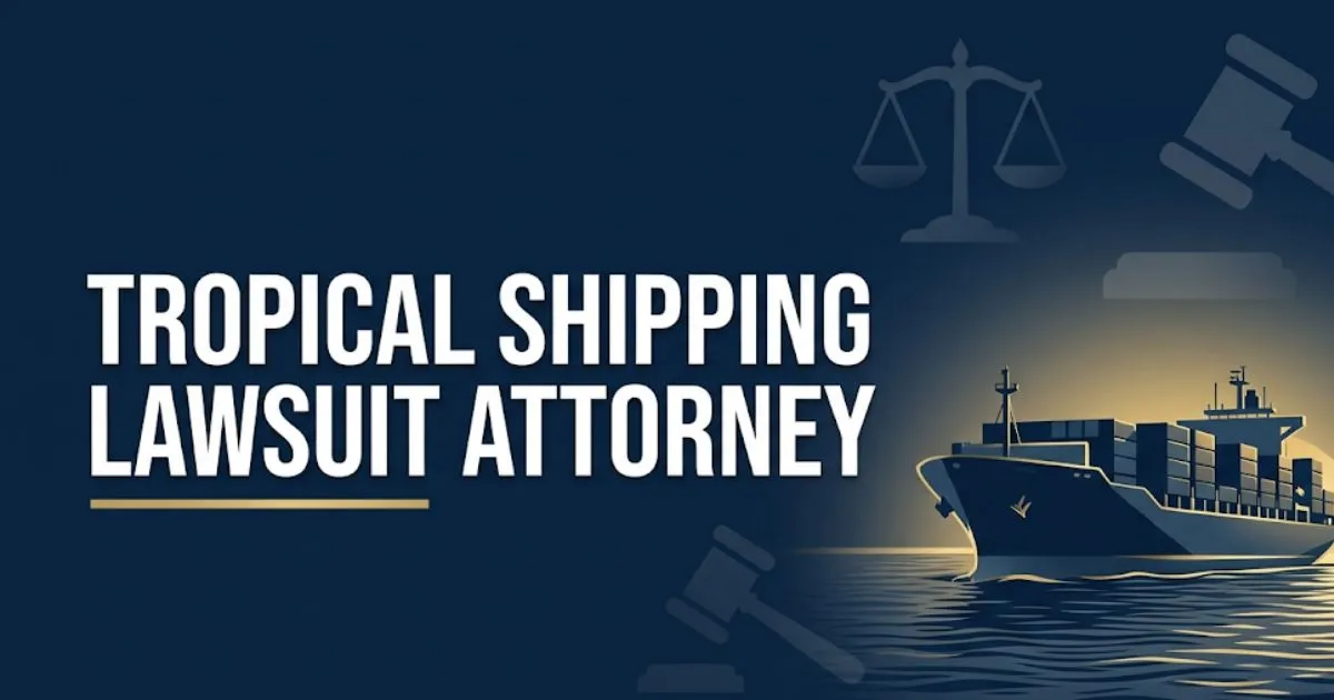 Tropical shipping lawsuit attorney 2026 guide banner with cargo ship silhouette and legal scale icons on navy background