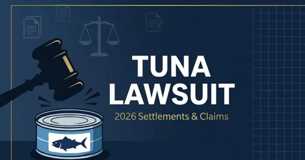 Tuna lawsuit 2026 blog banner with gavel and canned tuna legal graphic