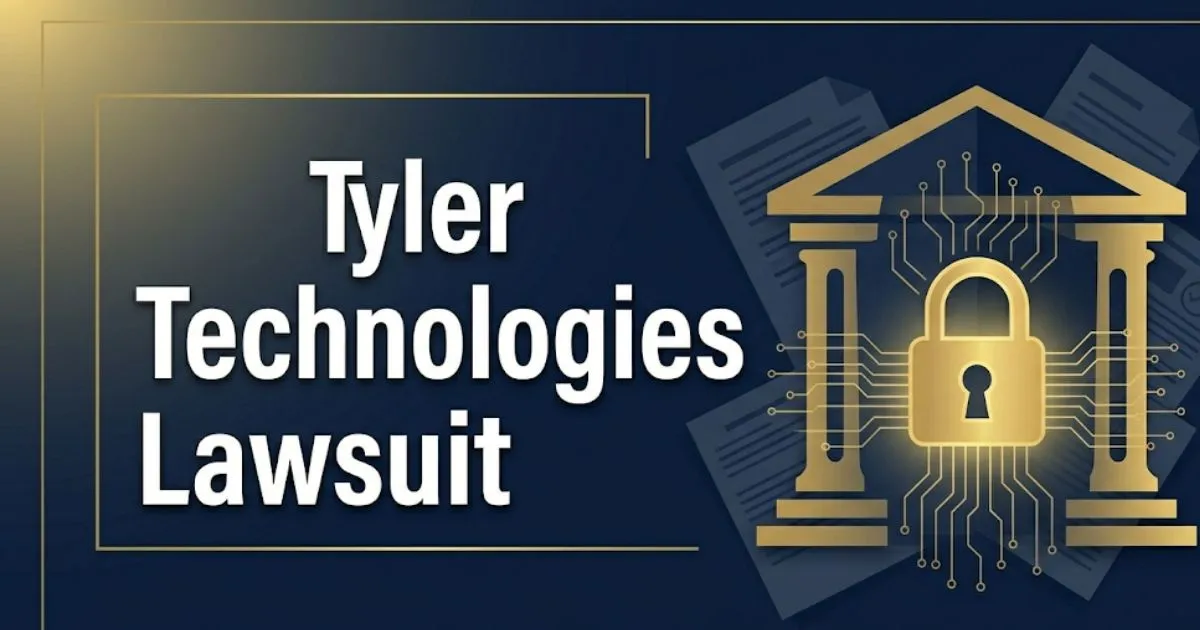 Tyler Technologies Lawsuit guide banner showing courthouse silhouette and cybersecurity lock icons on navy background