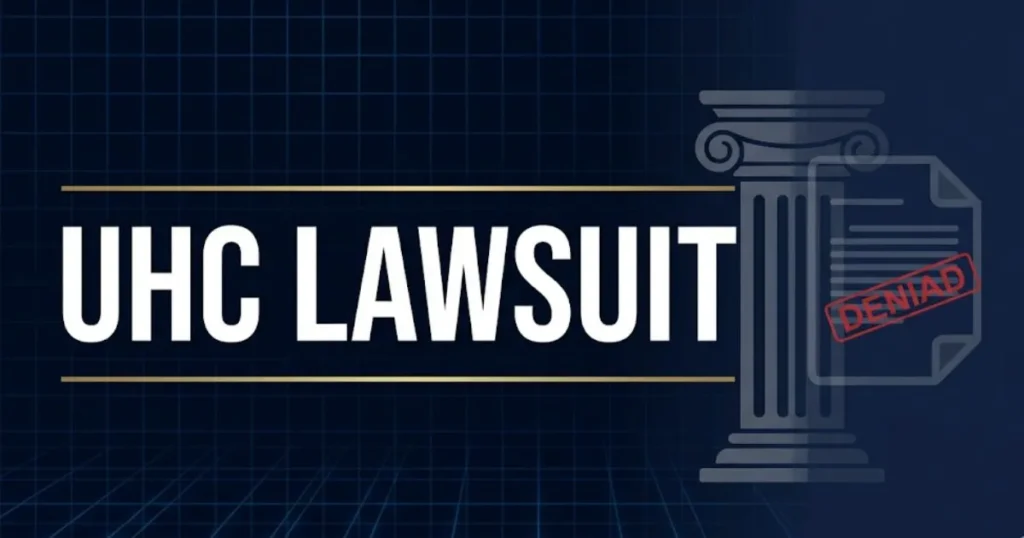 UHC lawsuit 2026 editorial banner with courthouse silhouette and bold legal headline on navy background