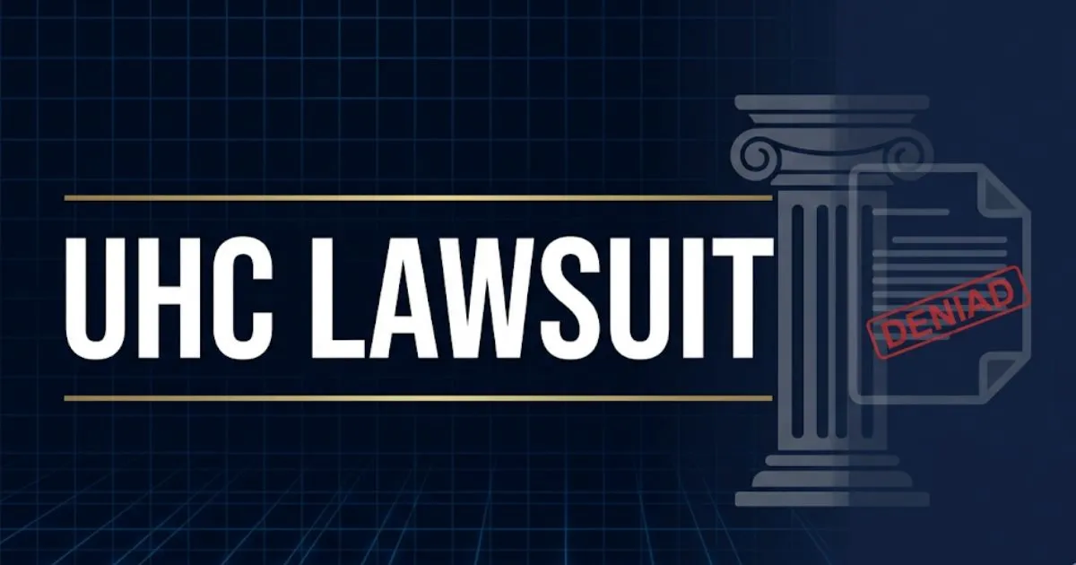 UHC lawsuit 2026 editorial banner with courthouse silhouette and bold legal headline on navy background