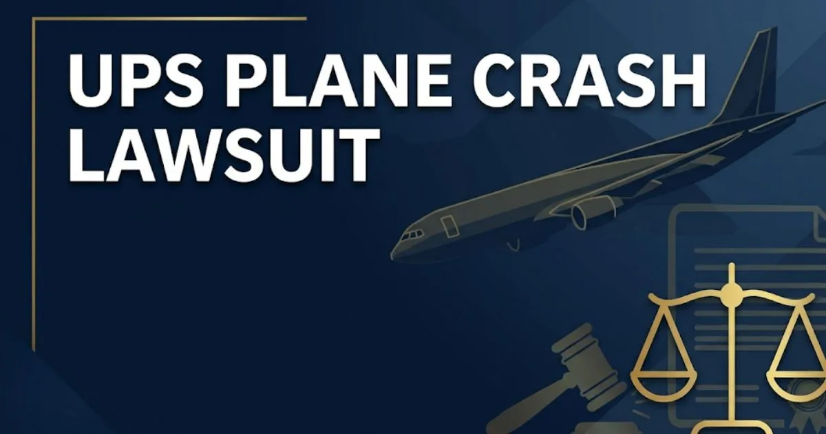 UPS plane crash lawsuit legal guide banner showing cargo aircraft silhouette and bold headline text on navy background