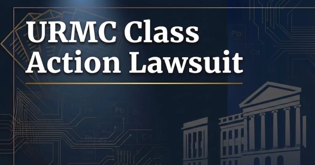 URMC class action lawsuit 2026 settlement guide blog banner with legal and data breach imagery on navy background