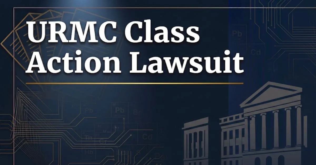 URMC class action lawsuit 2026 settlement guide blog banner with legal and data breach imagery on navy background