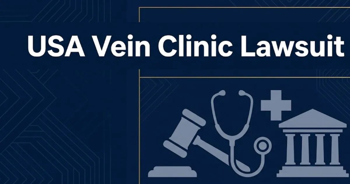 USA Vein Clinic Lawsuit 2026 legal banner with gavel and medical symbols on navy background