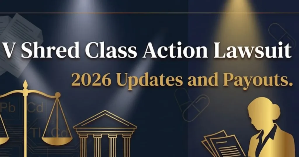 V Shred class action lawsuit 2026 editorial banner with legal scale and document icons on navy background