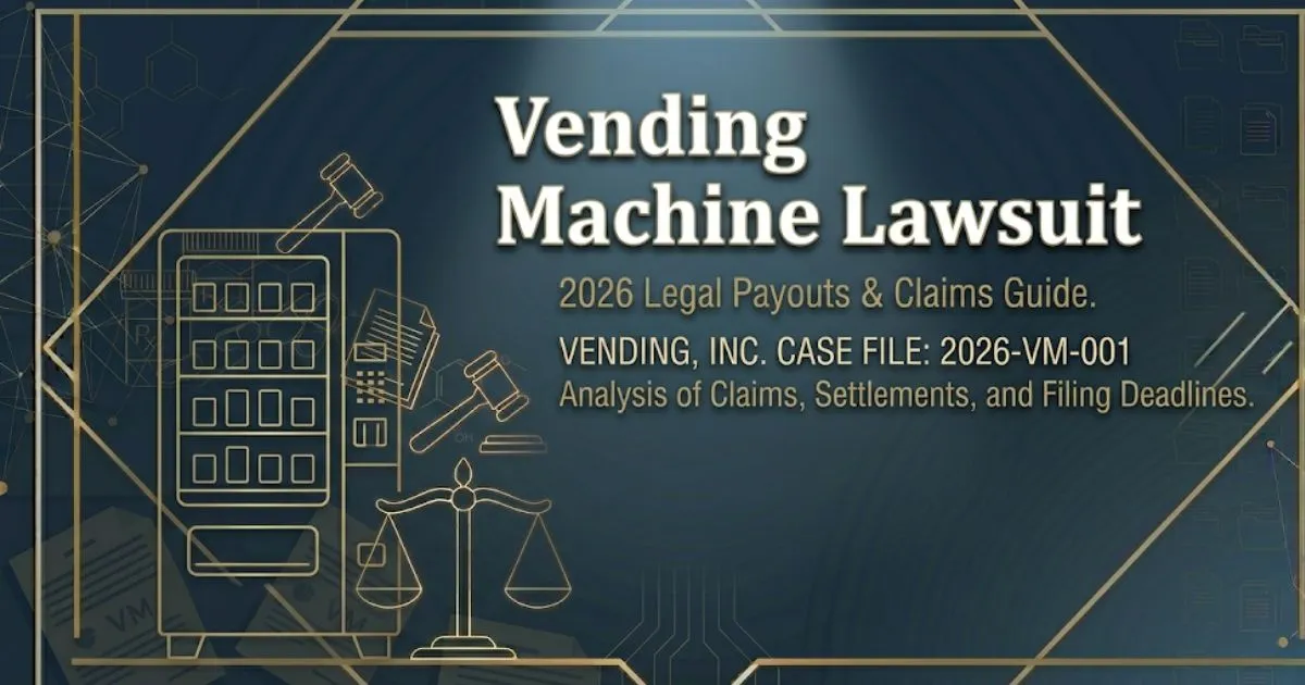 Vending machine lawsuit guide banner with legal symbols and bold headline text for 2026