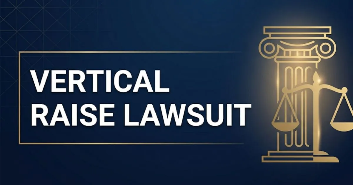 Vertical Raise Lawsuit 2026 legal guide banner with courthouse silhouette and scale of justice on navy background