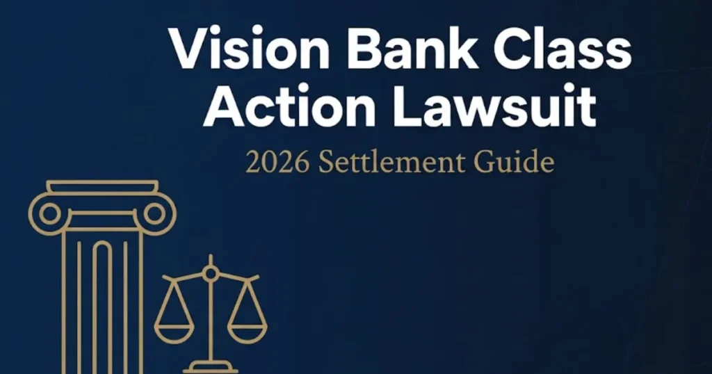 Vision Bank class action lawsuit 2026 settlement guide banner with courthouse icon and bold legal headline on navy background.