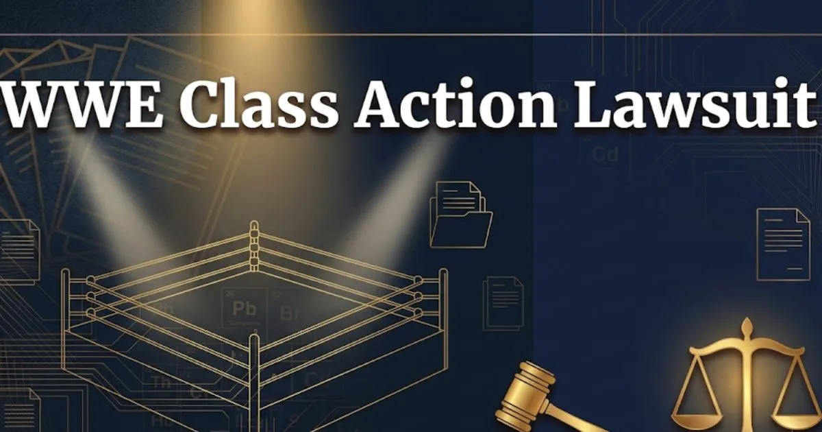 WWE class action lawsuit 2026 guide banner with legal icons and wrestling ring silhouette