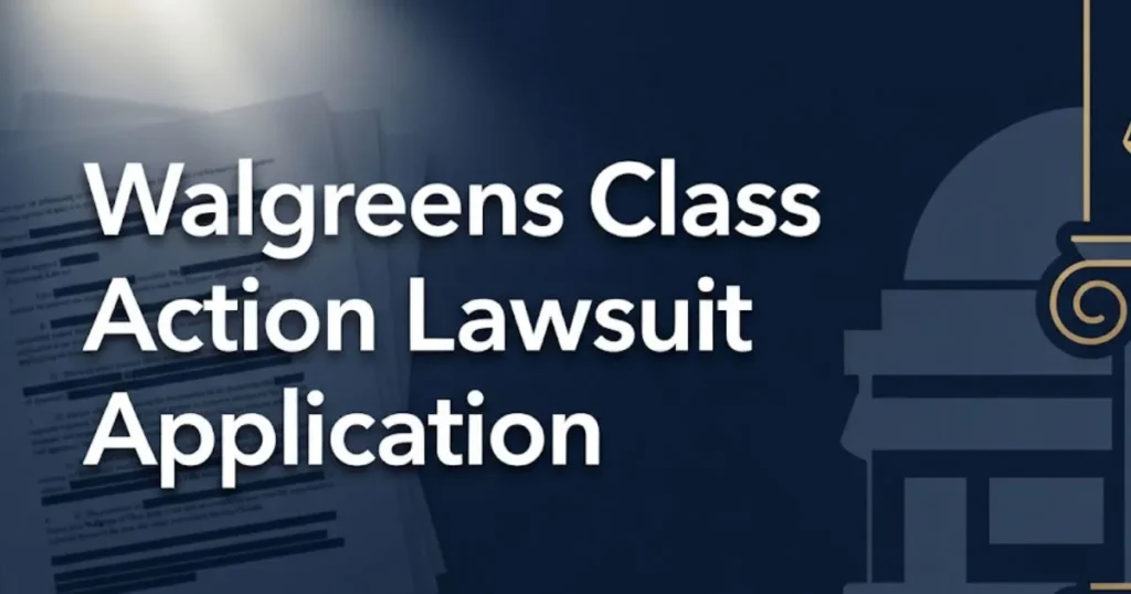Walgreens class action lawsuit application 2026 guide banner with legal symbols and courthouse silhouette on navy background MAIN KEYWORD {{walgreens class action lawsuit application}} CLUSTE