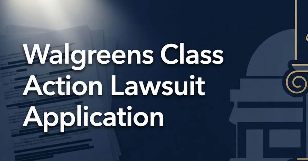 Walgreens class action lawsuit application 2026 guide banner with legal symbols and courthouse silhouette on navy background MAIN KEYWORD {{walgreens class action lawsuit application}} CLUSTE