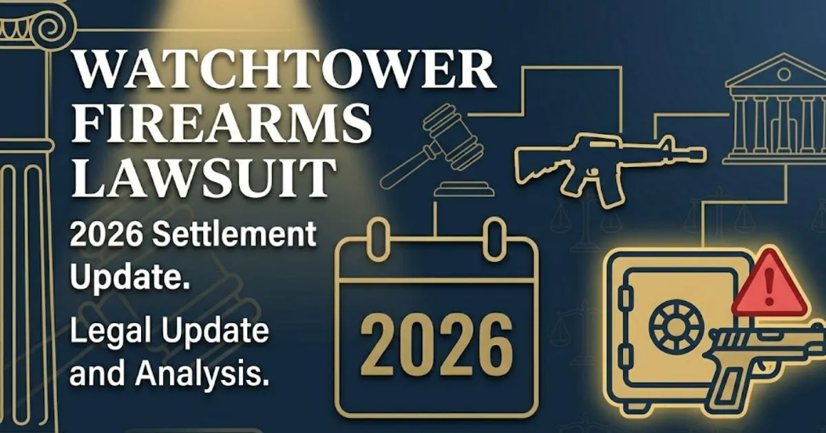 Watchtower firearms lawsuit banner with gavel and legal symbols on navy background