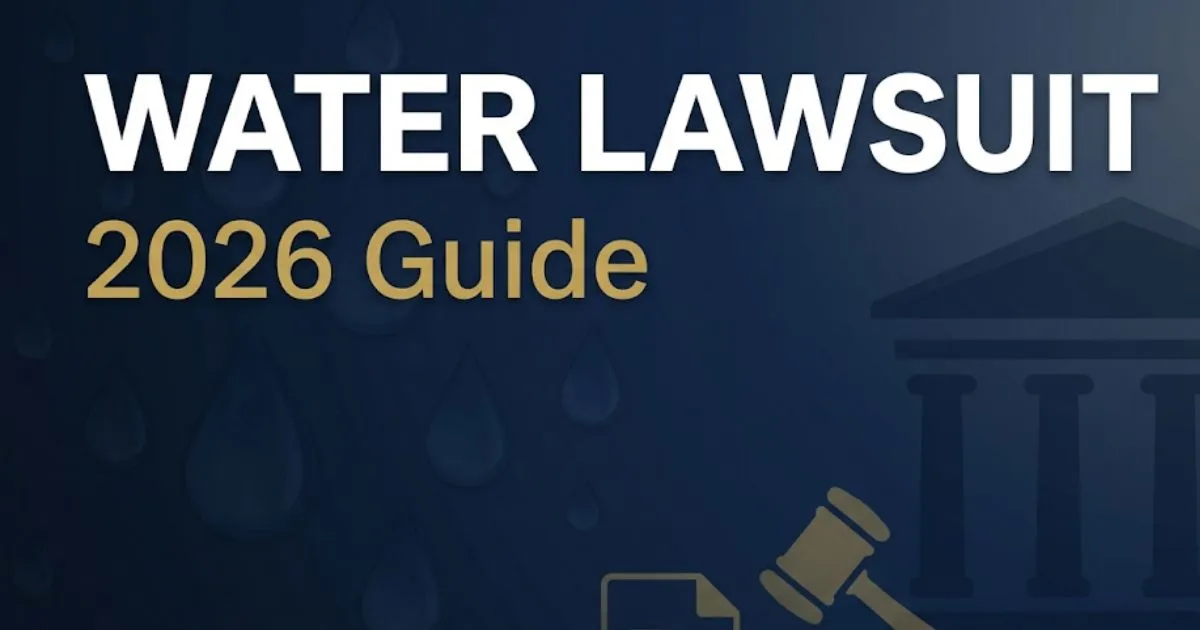 Water lawsuit 2026 guide banner with legal symbols, gavel silhouette, and bold headline text on navy background