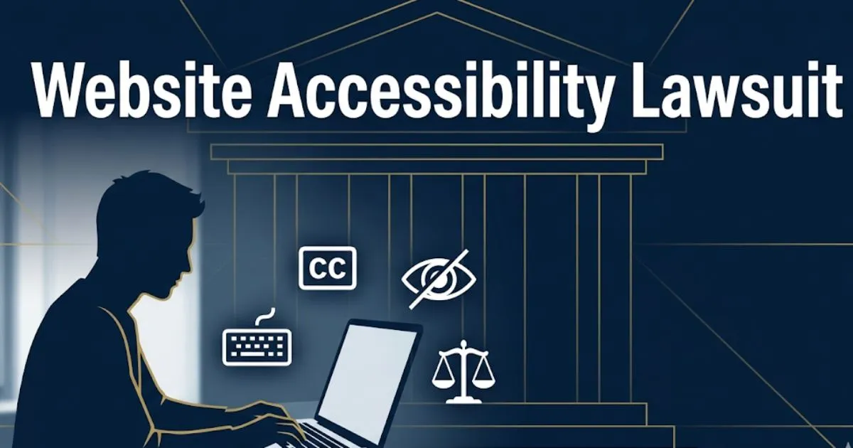 Website accessibility lawsuit 2026 guide with ADA legal symbols and accessibility icons on navy background