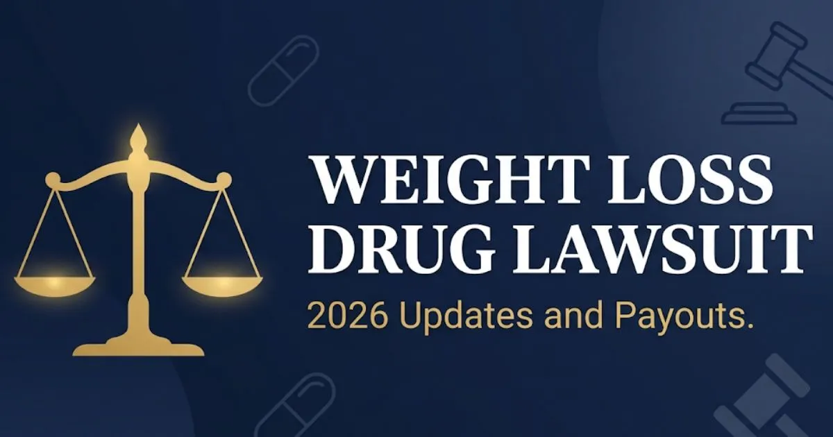 Weight loss drug lawsuit 2026 legal guide banner with justice scale and pill icons MAIN KEYWORD {{weight loss drug lawsuit}} CLUSTER KEYWORDS {{paste cluster keywords, separated by or one pe