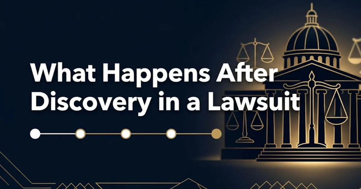 What happens after discovery in a lawsuit guide 2026, legal timeline banner with courthouse silhouette and scales of justice