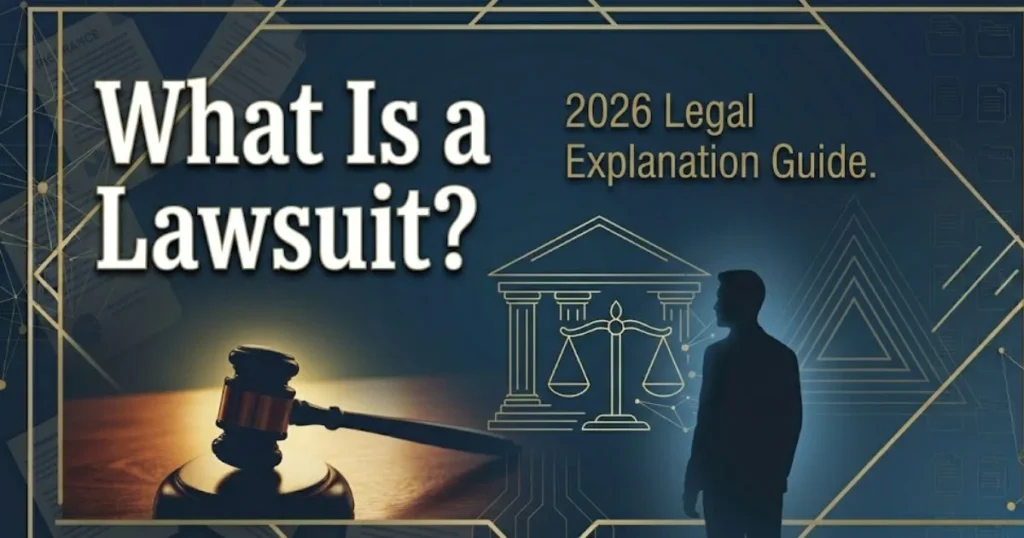 What is a lawsuit explained with legal symbols including gavel and scales of justice on navy background