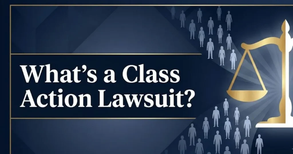 What's a class action lawsuit infographic banner with group silhouettes and a gold scale of justice on navy background