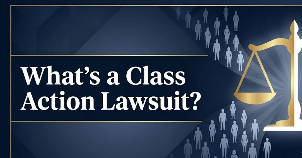 What's a class action lawsuit infographic banner with group silhouettes and a gold scale of justice on navy background