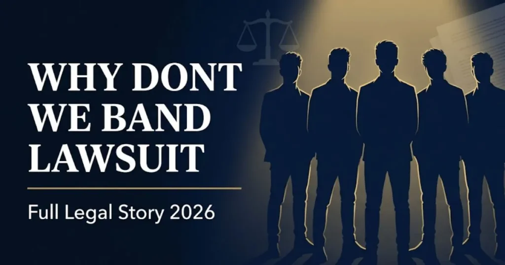 Why Don't We band lawsuit 2026 full legal story with silhouettes and scales of justice editorial banner