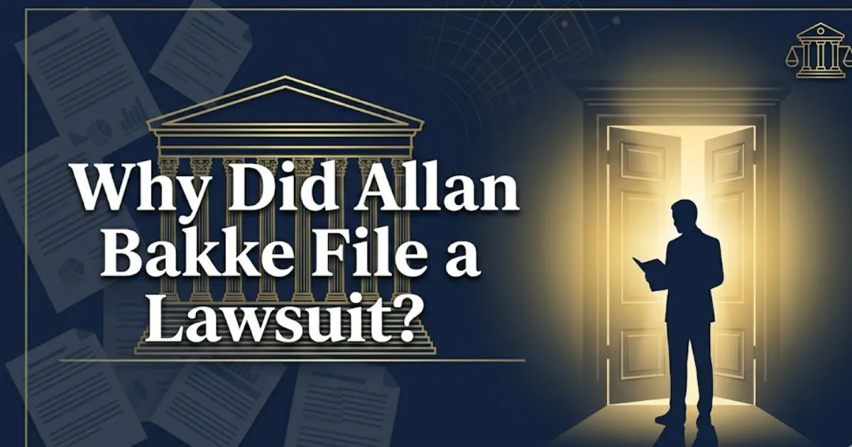 Why did Allan Bakke file a lawsuit blog banner with Supreme Court illustration and legal scales in navy and gold