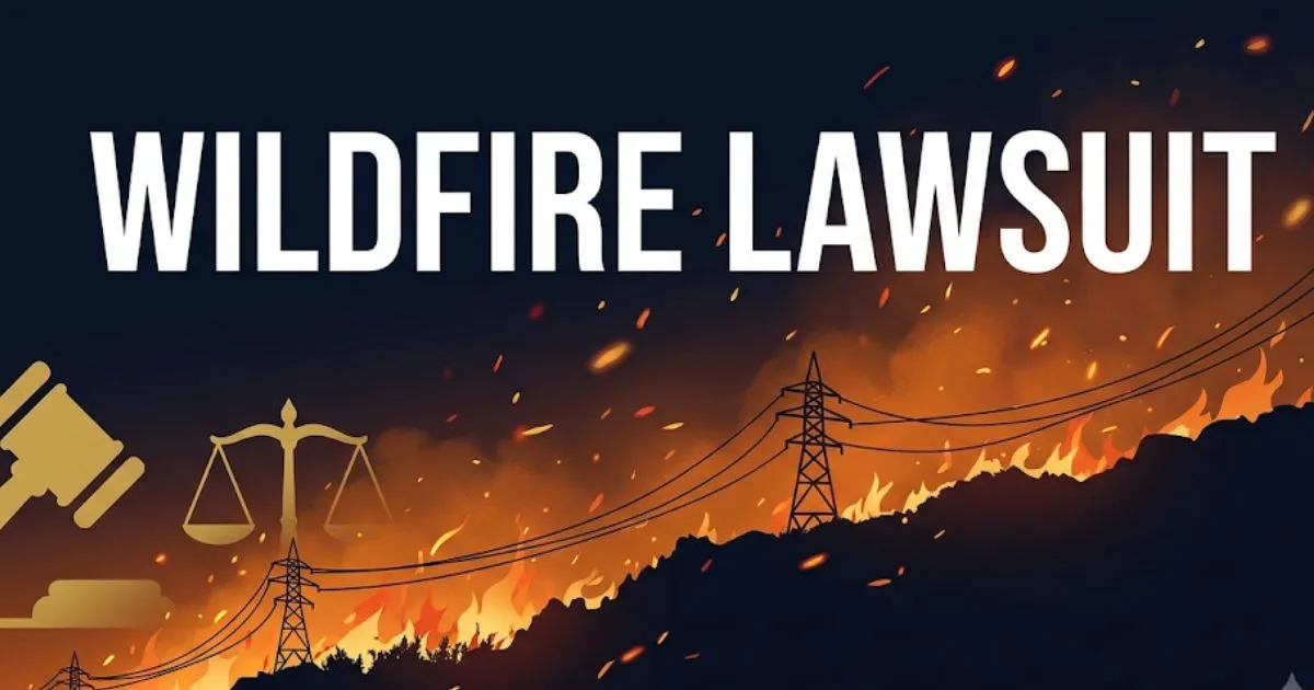 Wildfire lawsuit banner with power lines, fire silhouette, and legal symbols in navy and gold