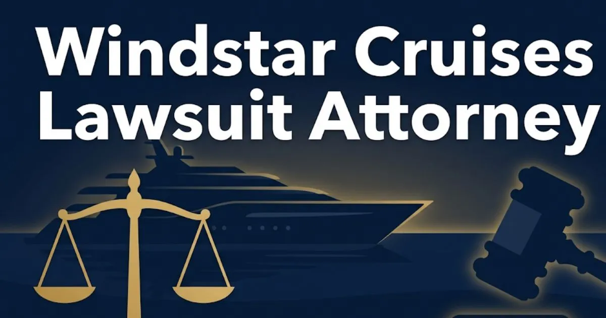Windstar Cruises Lawsuit Attorney guide 2026 hero banner with legal scales and cruise ship silhouette on navy background