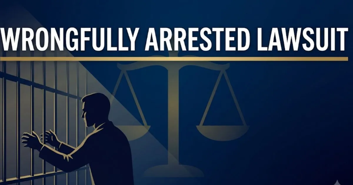 Wrongfully arrested lawsuit guide 2026 showing legal scales and detention silhouette on navy background