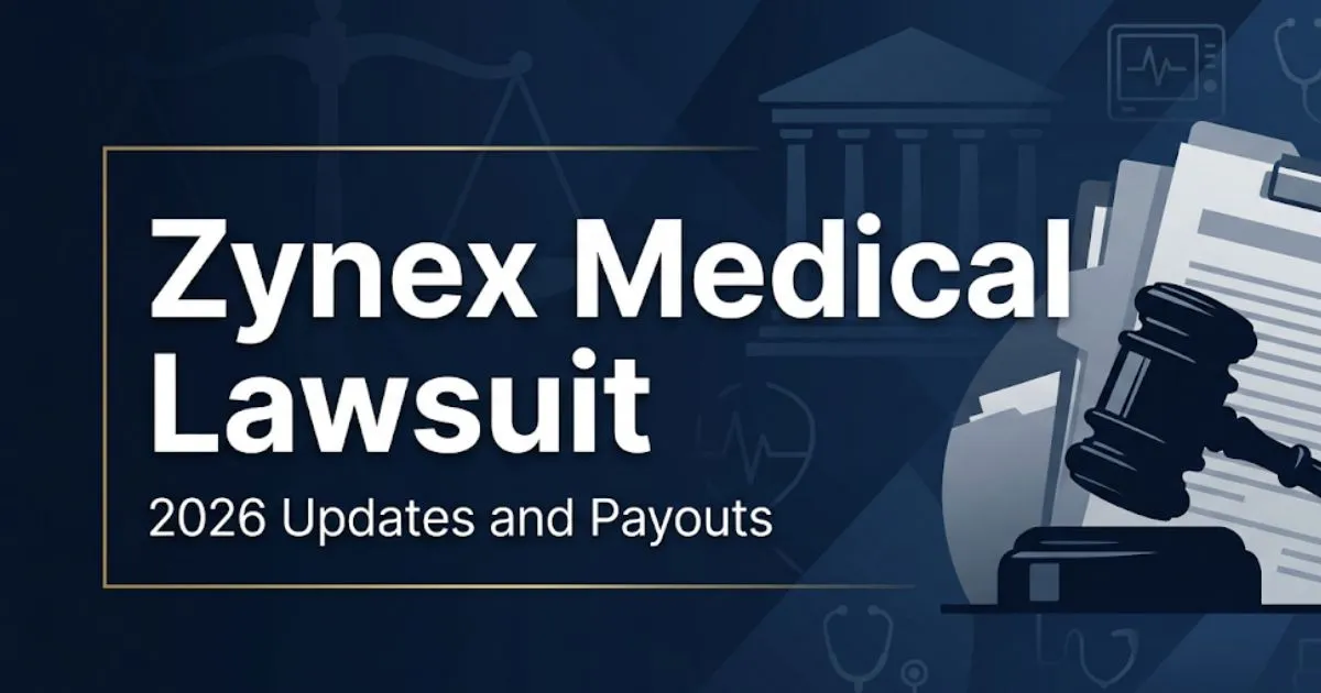 Zynex Medical Lawsuit 2026 updates banner with legal symbols and navy blue design