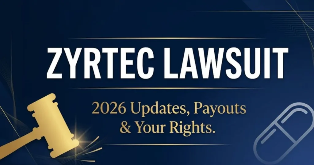 Zyrtec lawsuit 2026 legal banner with gavel icon and settlement update information