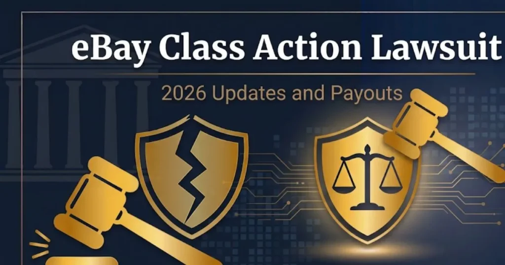 eBay class action lawsuit 2026 updates banner with legal scales and gavel icons on navy background