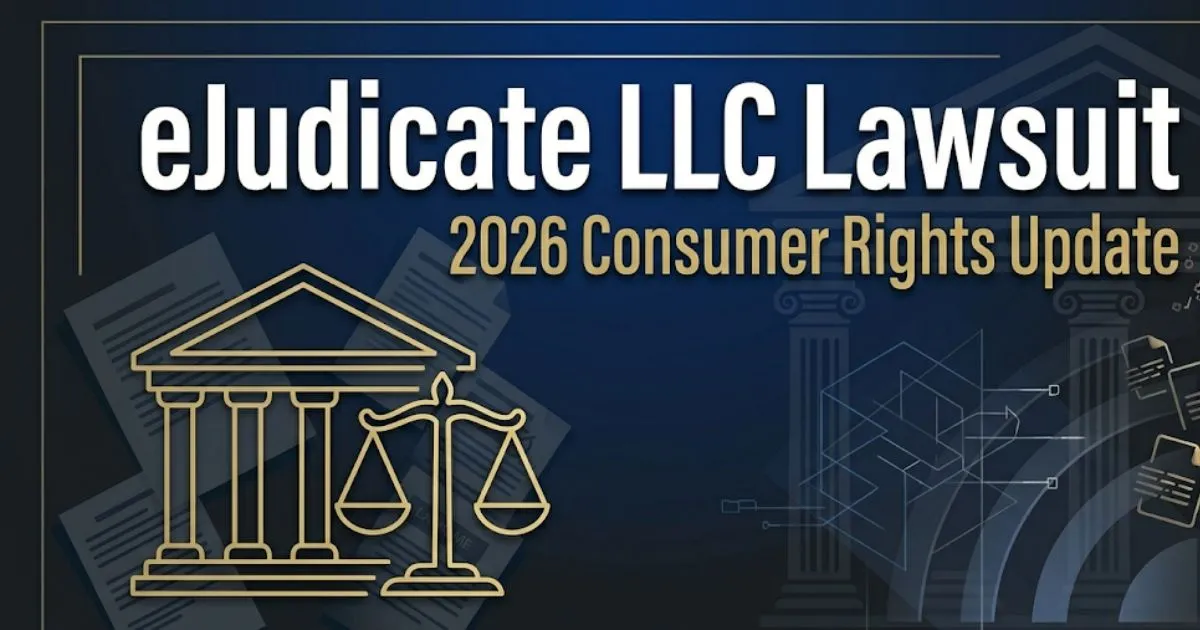 eJudicate LLC lawsuit 2026 legal banner with scales of justice and deep navy background