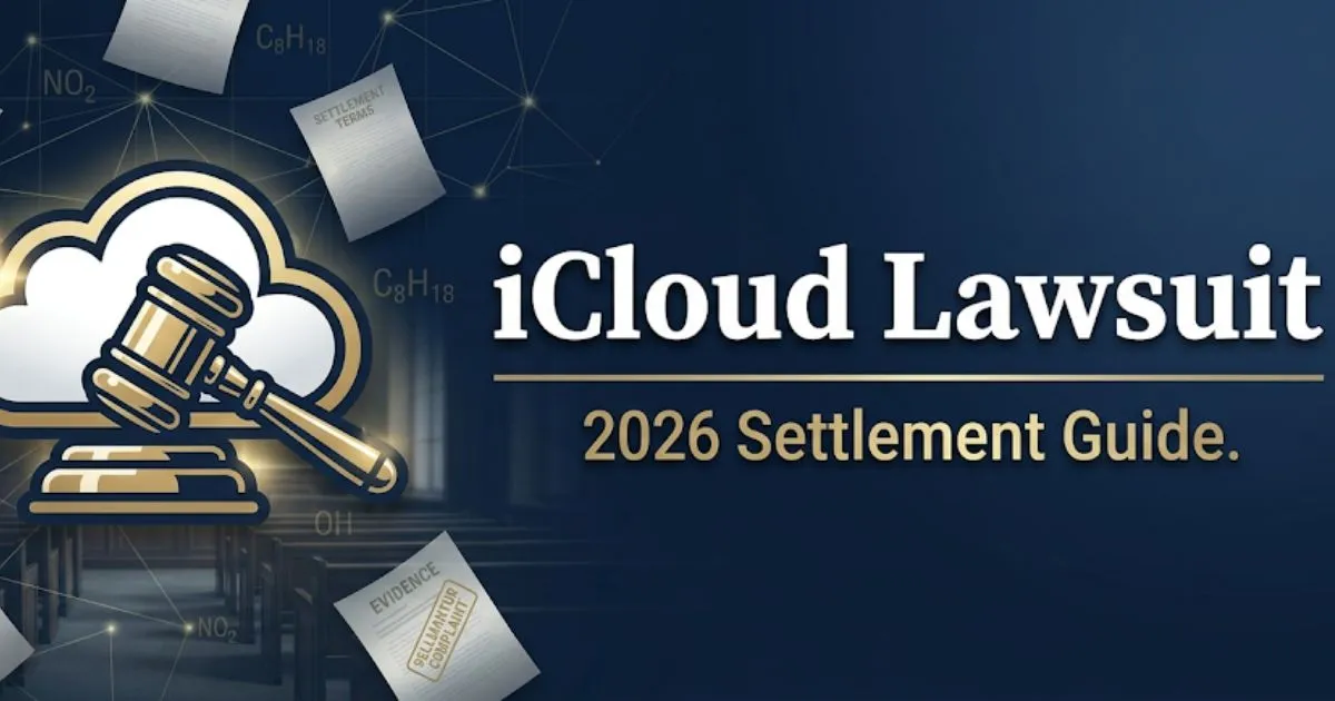 iCloud lawsuit 2026 legal guide banner with cloud and gavel icon on navy background