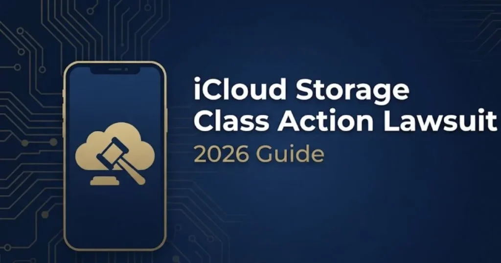 iCloud storage class action lawsuit 2026 guide banner with gavel and cloud icon on navy background