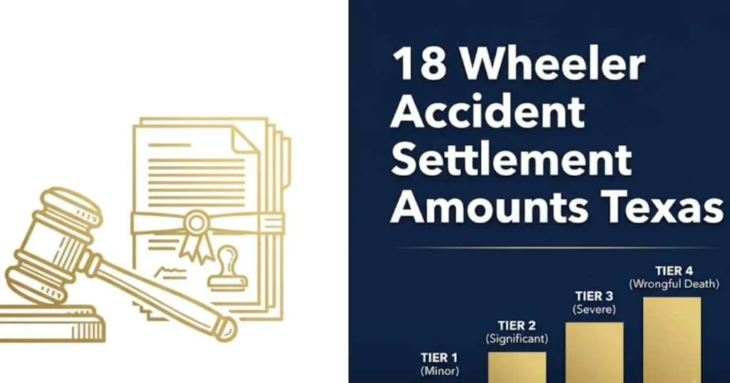 18 wheeler accident settlement amounts Texas with legal gavel and settlement chart graphic