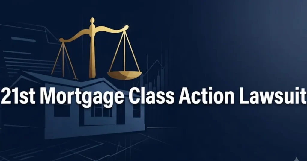 21st mortgage class action lawsuit hero banner with scales of justice and manufactured home silhouette