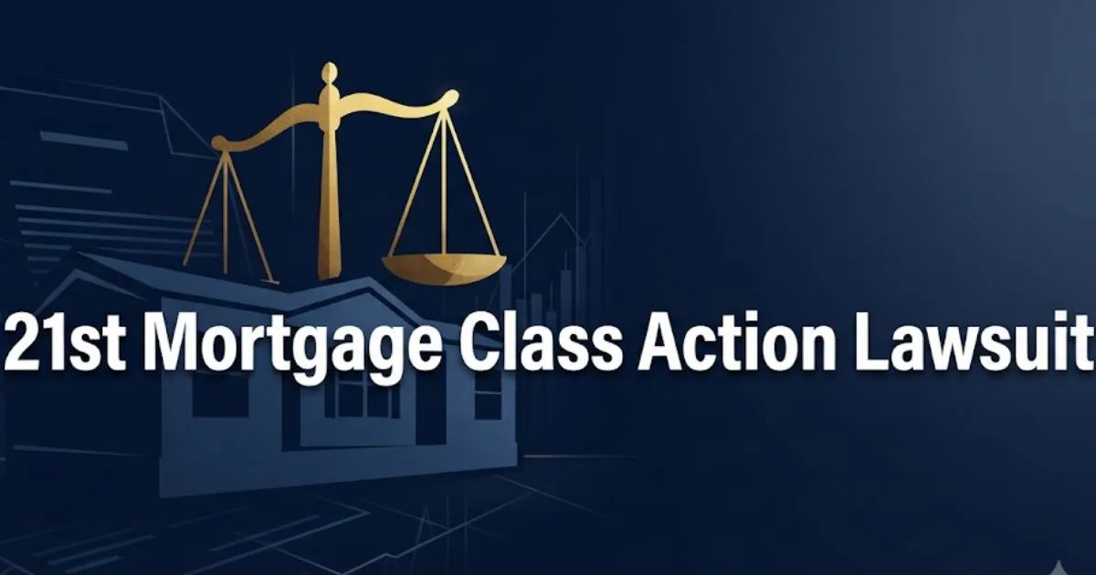 21st mortgage class action lawsuit hero banner with scales of justice and manufactured home silhouette