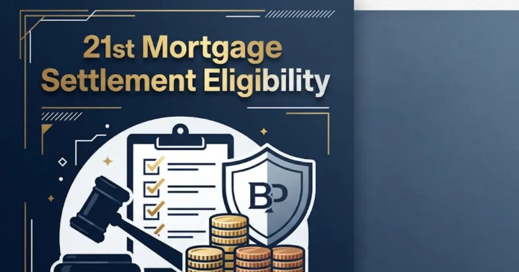 21st mortgage settlement eligibility infographic with legal icons and manufactured home document