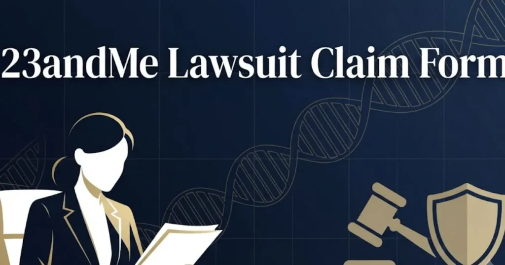 23andMe lawsuit claim form 2026 filing guide with legal icons and DNA helix design
