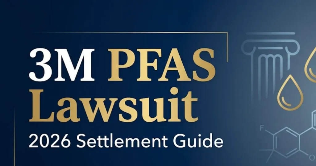 3M PFAS lawsuit 2026 settlement guide banner with legal symbols and water contamination icons on navy background MAIN KEYWORD {{3m pfas lawsuit}} CLUSTER KEYWORDS {{paste cluster keywords, se